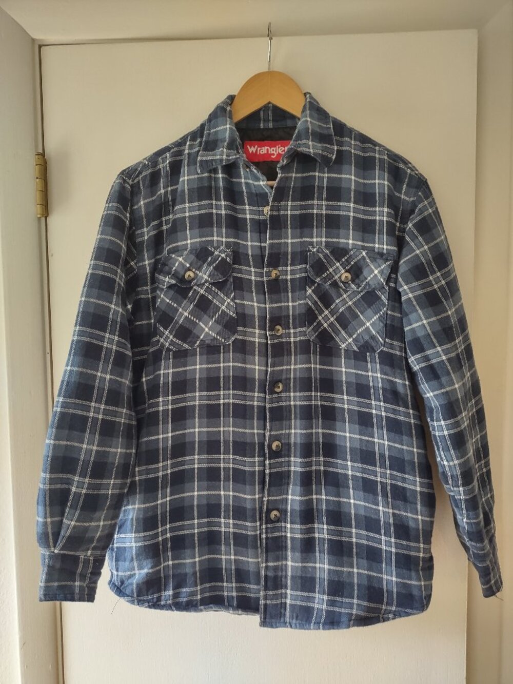 Wrangler Men's S Quilted Flannel Shirt Jacket Blue Plaid Lined Button Up Utility